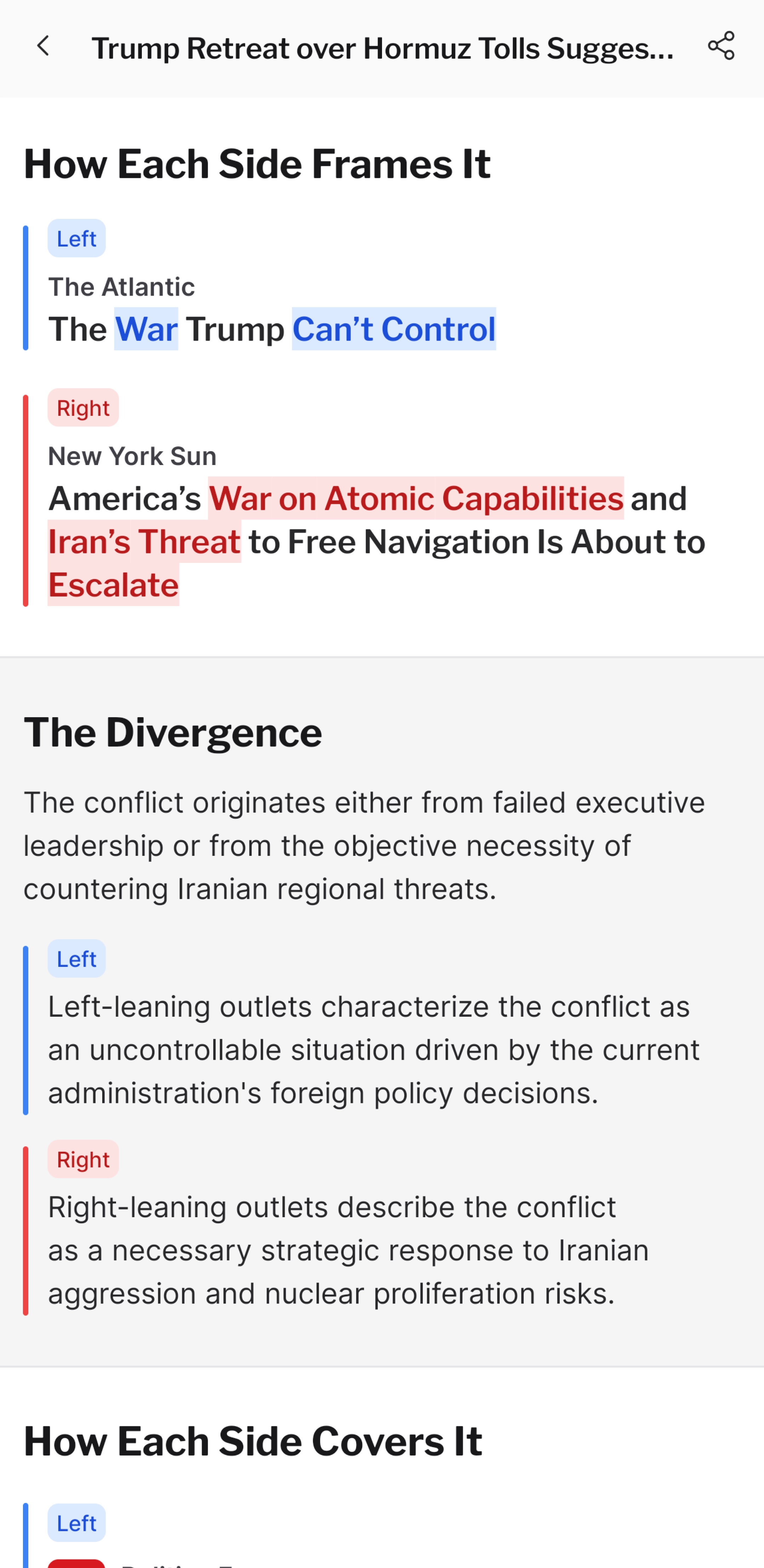 NewsGauge showing the exact words used by left and right news sites